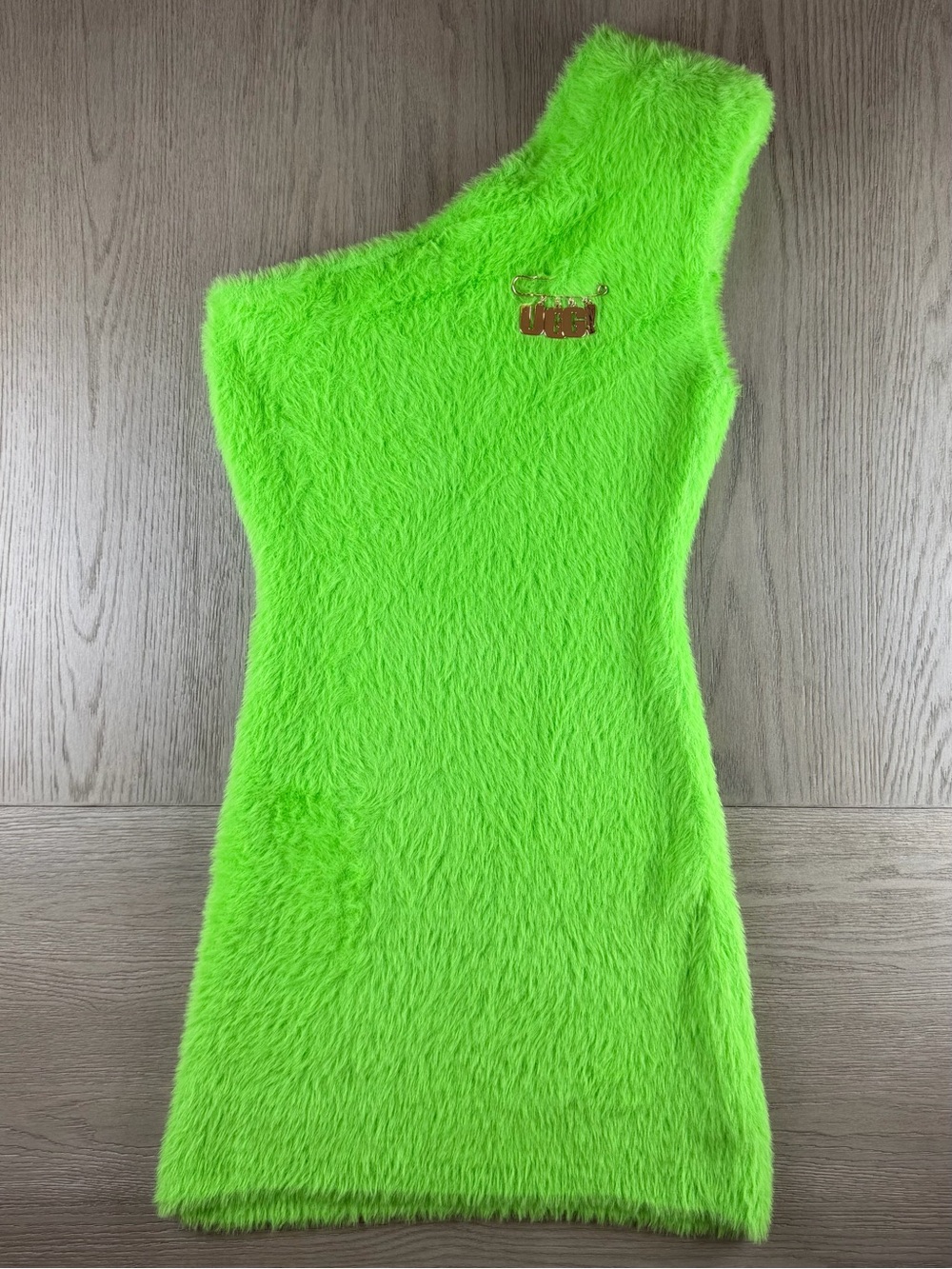 UGG URSeen Dress M Neon Green Faux Fur One Shoulder Mini ALOK Festival NWT